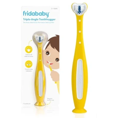 Abbildung von Frida Baby Toothhugger Kinder Zahnbürste: U förmige Zahnbürste mit Dreiwinkel Borsten, griffiger Griff, weiche Zahnbürstenborsten, für Kleinkinder und ab 2 Jahren, Gelb