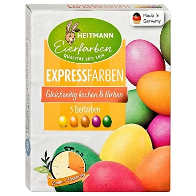 Abbildung von Heitmann Eierfarben Expressfarben 5 Farben Orange, Rot, Grün, Pink und Gelb Gleichzeitig kochen färben kunterbunt