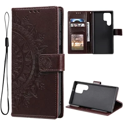 Abbildung von CoverKingz Schutzhülle kompatibel mit Samsung Galaxy S22 Ultra Handycover Kartenfach Schutztasche Wallet Flip Case klappbar Motiv Mandala Braun