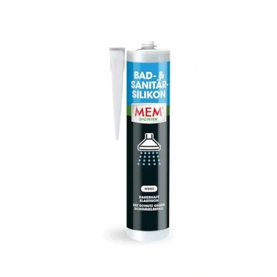 Abbildung von MEM Bad &amp; Sanitär Silikon, Dauerhaft elastischer Silikon Dichtstoff mit Schutz gegen Schimmelbefall, Im Innen und Außenbereich einsetzbar, Gebrauchsfertig, Lösemittelfrei, 300 ml Kartusche, Weiß