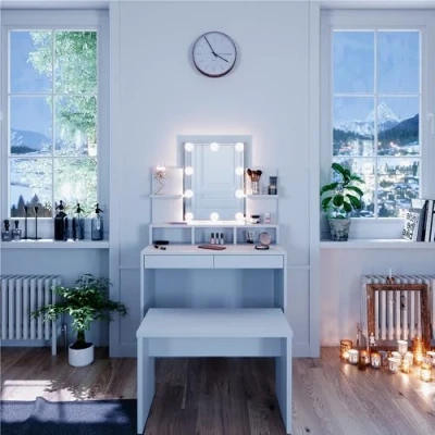 Abbildung von Vicco Schminktisch Ania, Weiß, 80 cm mit LED Beleuchtung und Bank
