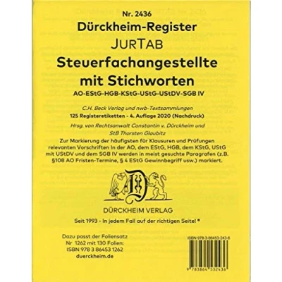 Abbildung von DürckheimRegister STEUERFACHANGESTELLTE mit Stichworten: 120 Registeretiketten (sog. Griffregister) für AO, EStG, HGB, KStG, UStG, UStDV, SGB IV In ... jedem Fall auf der richtigen Seite