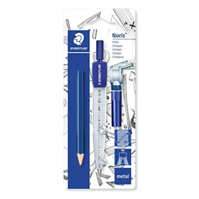 Abbildung von STAEDTLER 550 60 BK Schulzirkel mit Universaladapter, Minendose und zusätzlichen kleinen Bleistift auf Blisterkarte, blau/silber