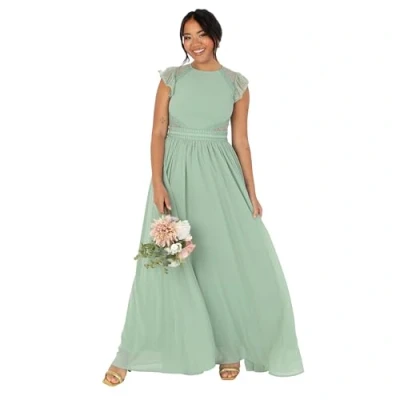 Abbildung von Maya Deluxe Damen Women&#039;s Ladies Maxi Dress Crew Neckline Short Flutter Sleeve Lace Trim A line for Wedding Guest Evening Prom Ball Gown Kleid, Deep Sage,