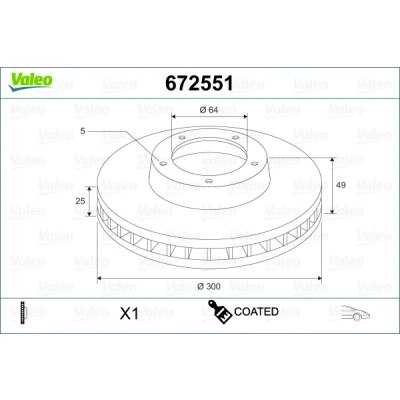 Abbildung von VALEO 672551 Bremsscheibe Vorderachse 300 25 5 Belüftet beschichtet FORD: KUGA 1, FOCUS 2 Schrägheck, 3 Turnier, VOLVO: V50, C30, S40 II