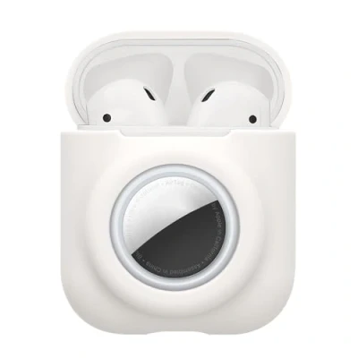 Abbildung von kwmobile 2 in1 Hülle kompatibel mit Apple Airpods 1 &amp; und AirTag Kopfhörer Case Weiches Silikon Cover Schutzhülle Karabiner Weiß