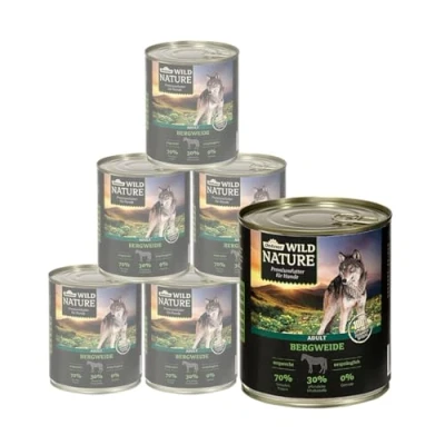Abbildung von Dehner Wild Nature Hundefutter Bergweide, Nassfutter getreidefrei / zuckerfrei, für ausgewachsene Hunde, Pferd, 6 x 800 g Dose (4.8 kg)