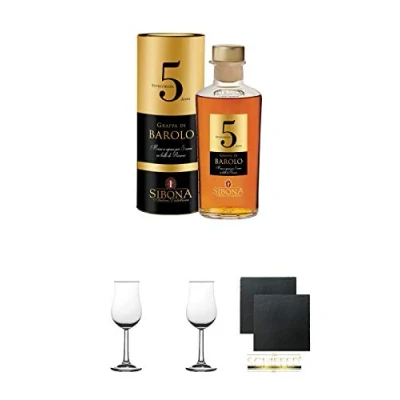 Abbildung von Sibona Grappa di Barolo Invecchiata 5 Jahre 40% in Tube 0,5 Liter + 2 Bugatti Nosing Gläser mit Eichstrich 2cl und 4cl Schiefer Glasuntersetzer eckig ca. 9,5 cm Ø