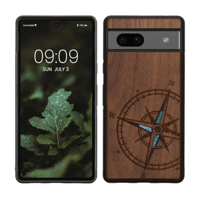 Abbildung von kwmobile Hülle kompatibel mit Google Pixel 7a Holz Case Handy Cover TPU Handyhülle in Dunkelbraun Vintage Kompass Perlmutt