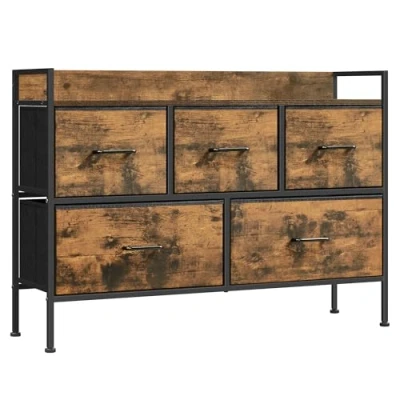 Abbildung von SONGMICS Kommode, Schrank, 5 Stoffschubladen mit Griffen, Metallgestell, Industrie Design, vintagebraun tintenschwarz LTS135B01