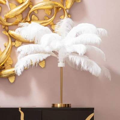 Abbildung von Kare Design Tischlampe Feather Palm Weiß, Desk Lamp, Schreibtischlampe, Nachttischlampe, Dekoleuchte, Leuchtmittel nicht inklusiv, Tischleuchte, Palmen Motiv, Federn, 60x50x50cm