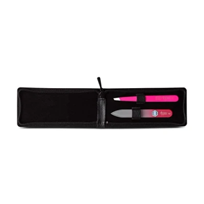 Abbildung von nippes Solingen Beauty Set, 2 teilig, Kosmetik Pinzette und Glasfeile, Pink/Rot, Im Leder Etui, Edelstahl Rostfrei, Pflege Nagelpflege Set