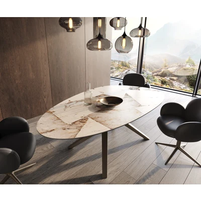Abbildung von Esstisch Edge Oval 220x120 Keramik Iris FMG Patagonia Lappato Zenthara kantig Metall Effektfinish Titan