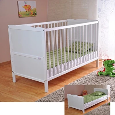 Abbildung von Marsell Baby Gitterbett Babybett und Kinderbett mit Aloe Vera Schaumstoffmatratze Zahnschienen höhenverstellbar Weiß, umbaubar zum Juniorbett