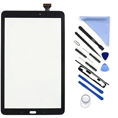 Abbildung von Touchscreen Digitalisierer für Samsung Galaxy Tab E 9,6 Zoll Glasersatz SM T560 T561 (ohne LCD) mit Werkzeugen und vorinstalliertem Klebstoff (Schwarz)