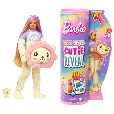 Abbildung von Barbie Cutie Reveal Puppe Plüschlöwe mit 10 Überraschungen, bewegliche Accessoires, inklusive Mini Haustier und Fleece Jacke, für Kinder ab 3 Jahren, HKR06