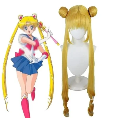 Abbildung von Anime Cosplay Perücke, Sailor Moon Tsukino Usagi frauen Goldene Doppel Schachtelhalm Lange Haar Mit Perücke Kappe, für Halloween, Party, Karneval, Nachtleben