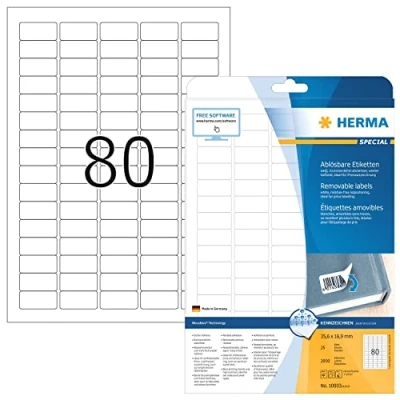 Abbildung von HERMA 10003 Universal Etiketten ablösbar, 800 Blatt, 35,6 x 16,9 mm, 80 pro A4 Bogen, 64000 Stück, selbstklebend, bedruckbar, matt, blanko Papier Klebeetiketten Aufkleber, weiß