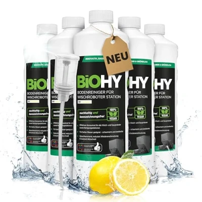 Abbildung von BiOHY Bodenreiniger für Wischroboter Station mit Frischeduft (6 x 1 Liter) + Dosierer Reinigungsmittel Konzentrat alle Wisch &amp; Saugroboter Nass Funktion Schaumarm Streifenfrei