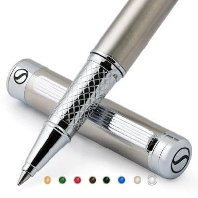 Abbildung von Scriveiner Tintenroller Edelstahl Luxuriöser Metallkugelschreiber mit Silber Chrom Finish, Schmidt Tintenpatrone, bestes Geschenkset für Männer &amp; Frauen