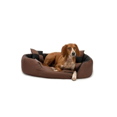 Abbildung von lionto Hundebett 4 in 1 mit Wendekissen aus robustem Oxford, 85x70 cm, Heimtierkissen Kratzfest tiefem Einstieg für Katzen und Hunde Aller Größen, inkl. Zierkissen, wasserabweisend, schwarz/braun