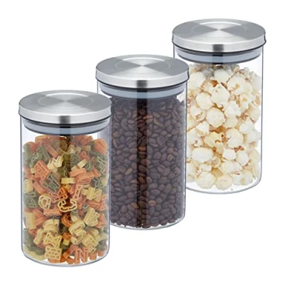 Abbildung von Relaxdays Vorratsglas 3er Set, Volumen 800 ml, Edelstahldeckel, Aufbewahrungsbehälter, Müsli, Nudeln &amp; Reis, transparent