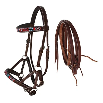 Abbildung von Challenger Horse Western Braun Leder Perlen gebisslos Gepolstert Sidepull Zügel 77RS17BR