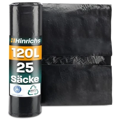 Abbildung von Hinrichs Müllsäcke 120L extra Stark 25er Rolle 70x110 cm Extrem reißfeste Müllbeutel Mülltüten aus Recycling LDPE Schwarze Säcke Abfallsäcke für Garten, Haushalt &amp; Baustelle