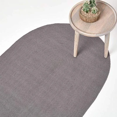 Abbildung von Homescapes ovaler Teppich/Bettvorleger 60 x 90 cm, dunkelgrau, geflochtener Läufer aus Baumwolle, Wendeteppich, handgewebter Retro Teppich, anthrazit