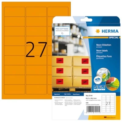 Abbildung von HERMA 5141 Farbige Etiketten Neon orange, 20 Blatt, 63,5 x 29,6 mm, 27 pro A4 Bogen, 540 Stück, selbstklebend, bedruckbar, matt, blanko Papier Farbaufkleber
