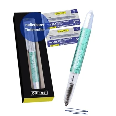 Abbildung von Online magiXX radierbarer Tintenroller Mint I Rollerball mit 0,7mm Strichstärke inkl. 7x Patrone blau Stift zum Schreibenlernen, für Schüler und Studenten in Box