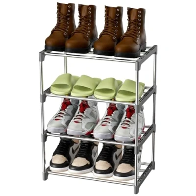 Abbildung von Magrimaxio Schuhregal Metall, Schuhaufbewahrung mit 4 Ebenen, Leichtes Schuhablage, Schuh Regal Stapelbar für 8 Paar Schuhe, Schuhständer Flur, Wohnzimmer, Schlafzimmer, Eingangsbereich (Grau)