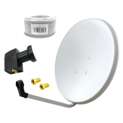 Abbildung von 60cm HD Sat Anlage Twin LNB + 10m Koaxialkabel 135dB 2 F Stecker Digital Teilnehmer Antenne Weiss UHD 4K
