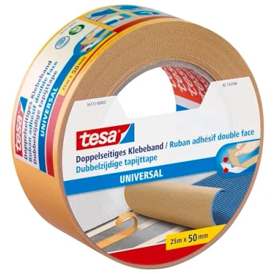 Abbildung von tesa Doppelseitiges Klebeband Universal Vielseitiges für Verpackungen, Deko und Teppiche oder zum Basteln 25 m x 50 mm