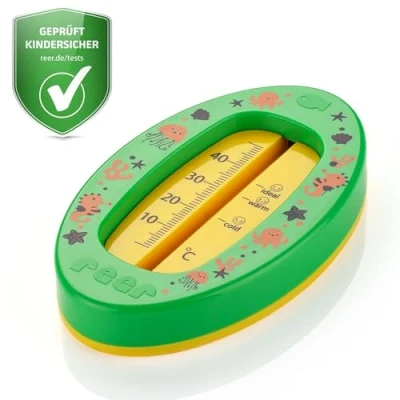 Abbildung von reer Baby Badethermometer oval kindersicheres Bade Thermometer Optimale Badetemperatur für die Wanne quecksilberfrei hoher Messbereich übersichtliche Skala Grün