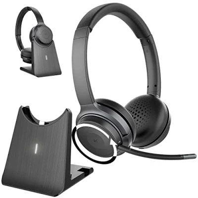 Abbildung von Callstel Headset PC: Profi Stereo mit Bluetooth 5, 18 Std. Akku &amp; 2in1 Ladestation (Kabelloses Headset, schnurlos, Freisprecheinrichtung)