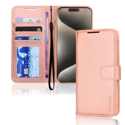 Abbildung von TECHGEAR hülle iPhone 15 Pro Max Leder klappbar, PU Flip Schutzhülle Ledertasche [Brieftasche] Handyhülle mit Ständer und Handschlaufe Roségold Kompatible