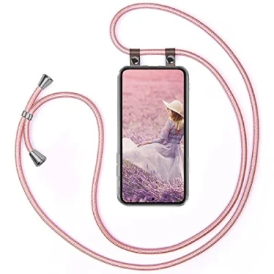 Abbildung von moex Handykette kompatibel mit Samsung Galaxy S23 Plus Hülle Band Längenverstellbar, Handyhülle zum Umhängen, Silikon Case Transparent Kordel Schnur abnehmbar in Rosegold