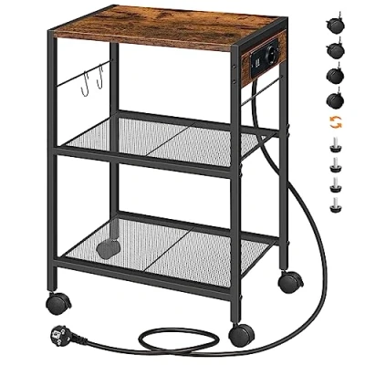 Abbildung von HOOBRO Druckerständer, 3 stufiger Druckerständer mit Ladestation, Lagerregal Rollen/verstellbaren Füßen, 2 Haken, für das Heimbüro, Vintagebraun und Schwarz EBF22CPS01