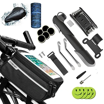 Abbildung von Fahrradtasche Rahmentasche Oberrohrtasche Fahrrad Handytasche Vorne Sensitive Touch Screen,Mini Fahrradpumpe Luftpumpe,16 in 1 Werkzeuge für Reparatur Set Fahrradwerkzeug Tool