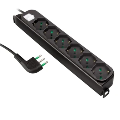 Abbildung von Ekon Steckdosenleiste mit 6 Anschlüssen, für italienische Stecker, Schuko Eurostecker, 1,5 m Kabel, Italienischer Stecker 16 A, beleuchteter Schalter, max. 3500 W, schwarz