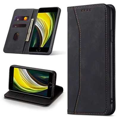 Abbildung von Leaisan Handyhülle für iPhone SE 2022/iPhone 2020 Hülle, 8/iPhone 7 Premium Leder Flip Klappbare Stoßfeste Magnetische [Standfunktion] [Kartenfächern] Schutzhülle Tasche Schwarz