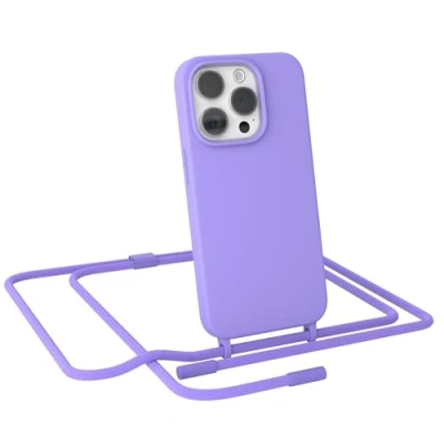 Abbildung von EAZY CASE Handykette kompatibel mit iPhone 15 Pro dünne Handyhülle für Hülle Band als Fallschutz Kette zum Umhängen stoßeste Silikon Mikrofaser in Lila