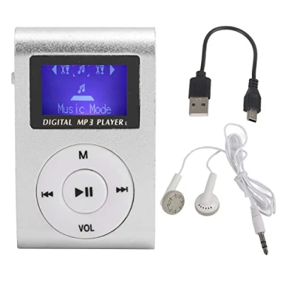 Abbildung von MP3 Player, Tragbarer Musik Player Sport Back Clip LCD Bildschirm Unterstützung 32 GB Speicherkarte mit Kopfhörer und USB Kabel(Silber)