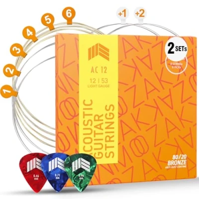 Abbildung von MOOZAK Akustik Gitarren Saiten 80/20 Bronze, 2er Set, Leichte Stärke 12 53, Haltbare und helle Stahlsaiten, Zusätzliche 1.und 2.Saiten, 3 Picks im Lieferumfang Ideal als Geschenk &amp; für alle Spieler