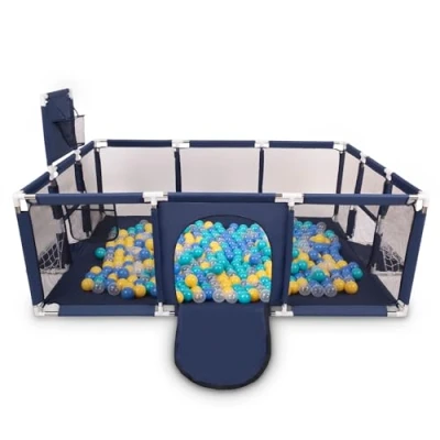 Abbildung von Selonis Laufstall Baby Großer Spielplatz Mit 400 Bälle Laufgitter Für Kinder, Dunkelblau:Türkis/Blau/Gelb/Transparent