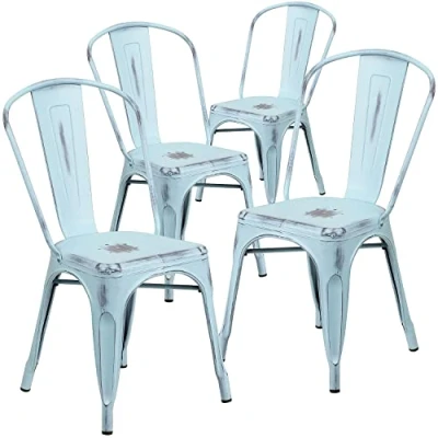 Abbildung von Flash Furniture Blake Stapelstuhl aus Metall, für drinnen und draußen, 4 Stück, Used Look, Grün/Blau