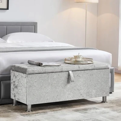 Abbildung von Vida Designs Valencia Ottomane, Stoffdeckel, Sitz, Hocker, Fensterbank, Truhe, Spielzeug Aufbewahrungsbox, Sitzwürfel, Fußhocker, silberfarbener Samt