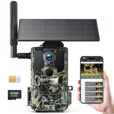 Abbildung von WOLFANG Wildkamera, 2.5K 4G LTE Live Solar Übertragung Wildkamera mit Handyübertragung App, Echtzeitalarm, No Glow Infrarot Nachtsichtkamera 7800mAh Akku, 32GB SD Karte, 2 Wege Audio IP66