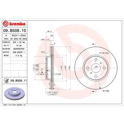 Abbildung von BREMBO COATED DISC LINE 09.B508.11 Bremsscheibe 255 20 4 innenbelüftet beschichtet TOYOTA: iQ